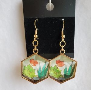 Womens gold rim cactus graphic earrings
